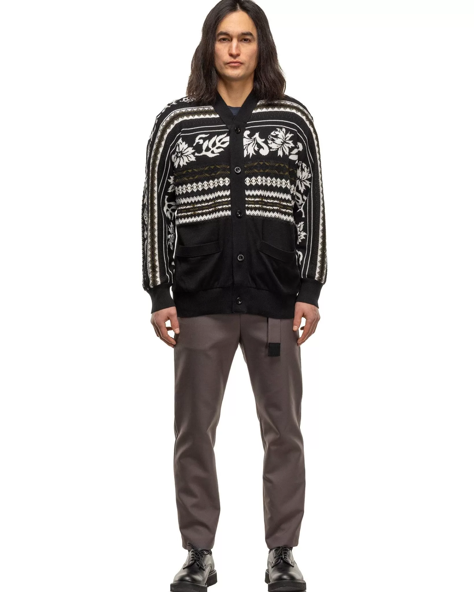 Floral Jacquard Knit Cardigan Black X White*sacai Store