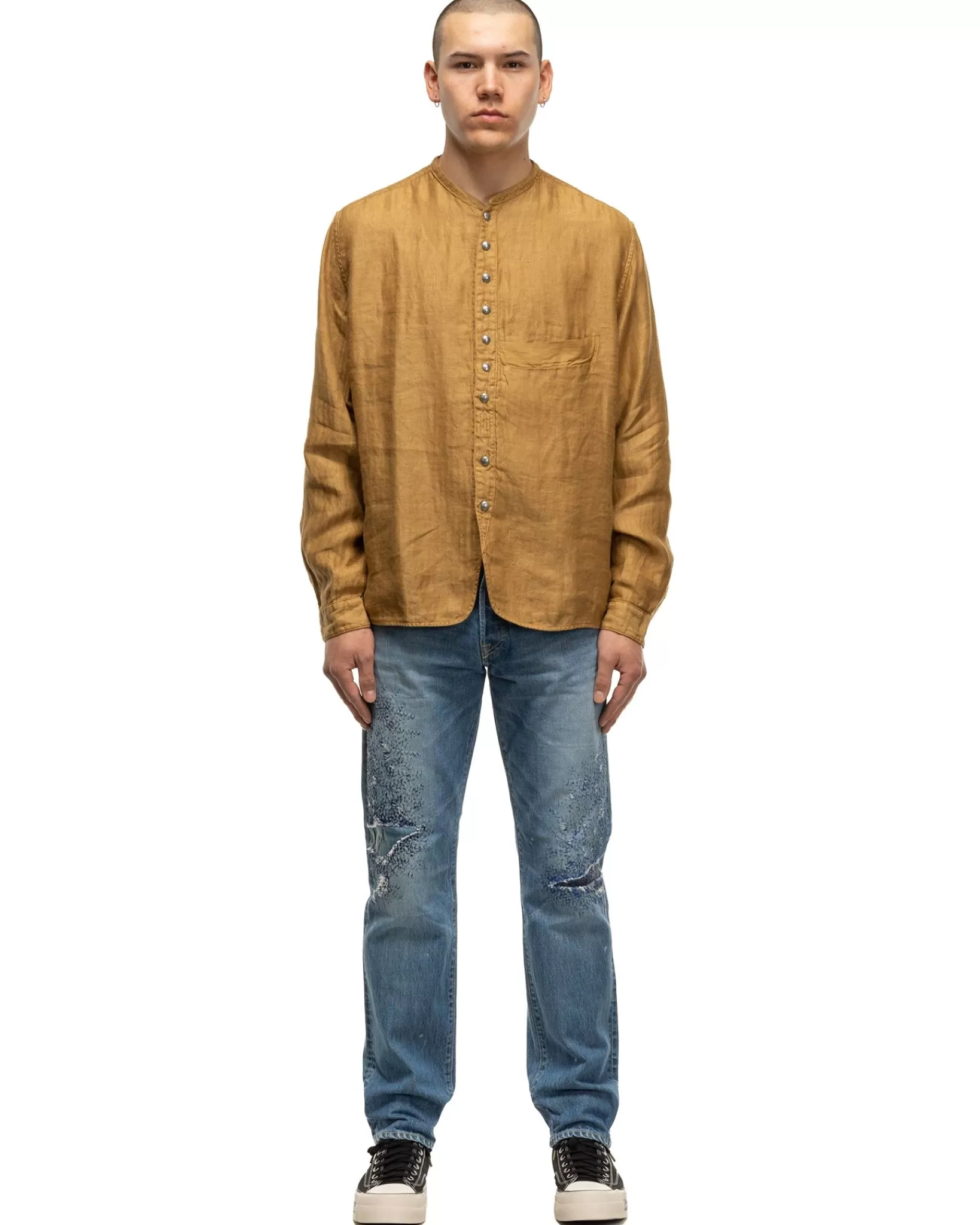 Gauze Linen Herringbone Stand Penny Shirt Gold*KAPITAL Sale